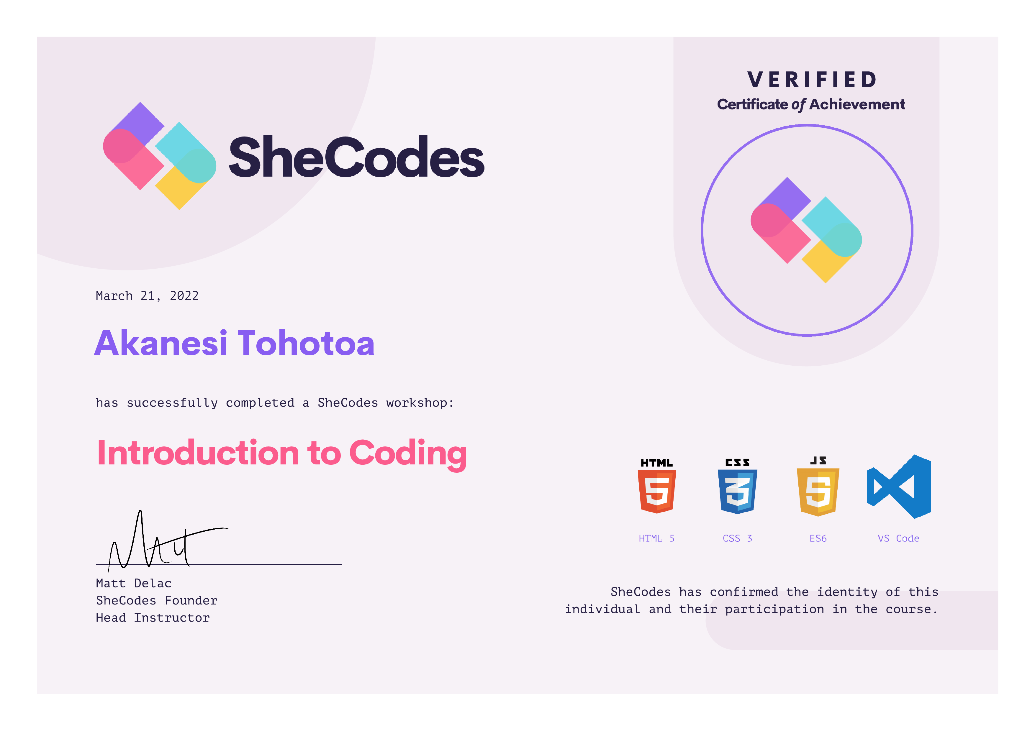 SheCodes Basics Certificate Photo